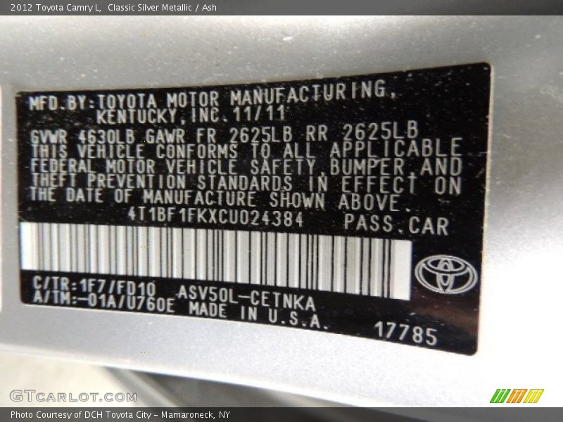 Classic Silver Metallic / Ash 2012 Toyota Camry L