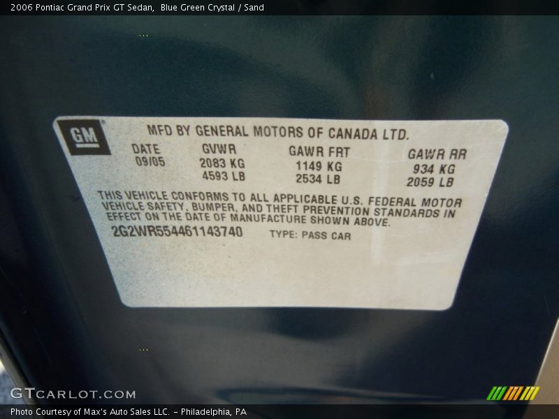 Blue Green Crystal / Sand 2006 Pontiac Grand Prix GT Sedan