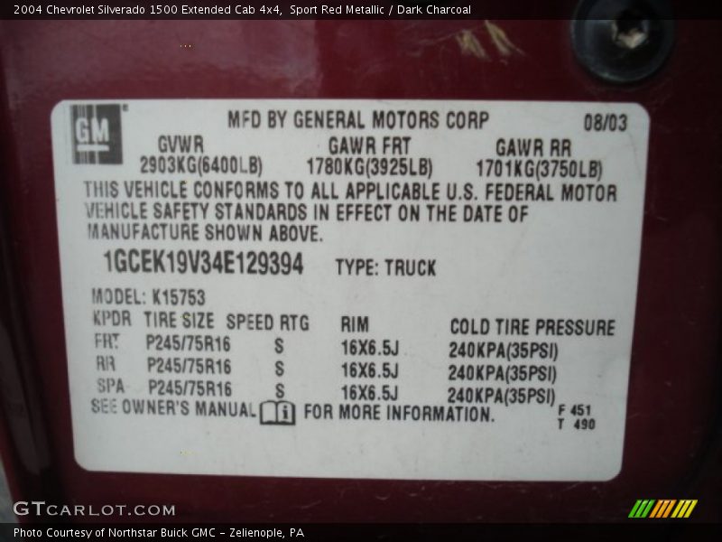 Info Tag of 2004 Silverado 1500 Extended Cab 4x4