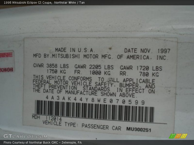 Northstar White / Tan 1998 Mitsubishi Eclipse GS Coupe