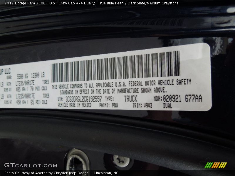 True Blue Pearl / Dark Slate/Medium Graystone 2012 Dodge Ram 3500 HD ST Crew Cab 4x4 Dually