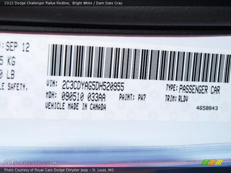 Bright White / Dark Slate Gray 2013 Dodge Challenger Rallye Redline
