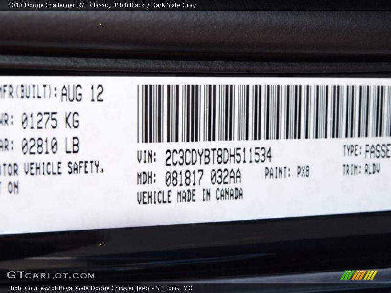 Pitch Black / Dark Slate Gray 2013 Dodge Challenger R/T Classic