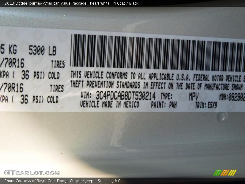 2013 Journey American Value Package Pearl White Tri Coat Color Code PWH