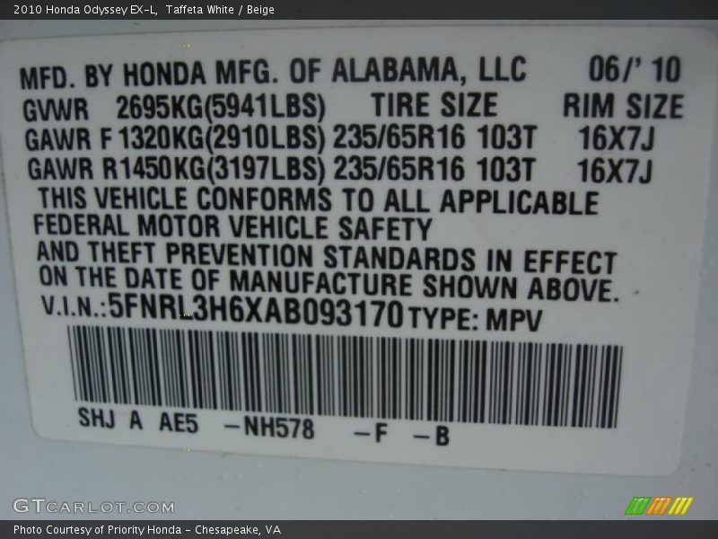 Taffeta White / Beige 2010 Honda Odyssey EX-L