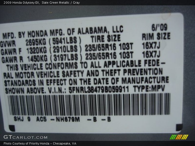 2009 Odyssey EX Slate Green Metallic Color Code NH679M