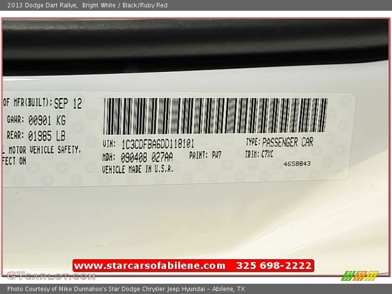 Bright White / Black/Ruby Red 2013 Dodge Dart Rallye