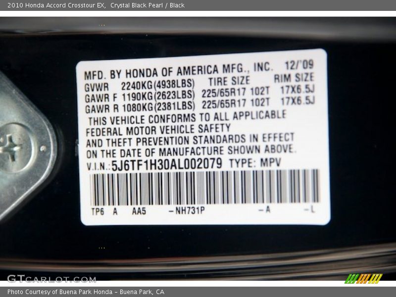 Crystal Black Pearl / Black 2010 Honda Accord Crosstour EX