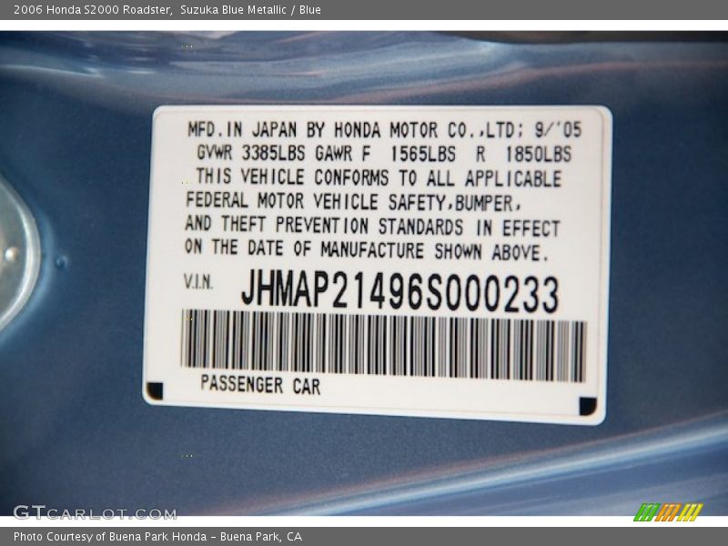 Info Tag of 2006 S2000 Roadster