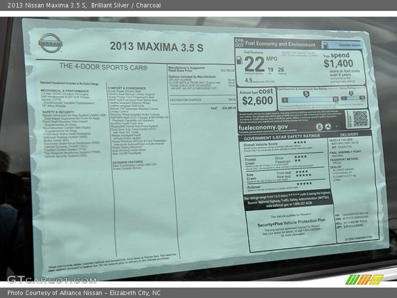  2013 Maxima 3.5 S Window Sticker