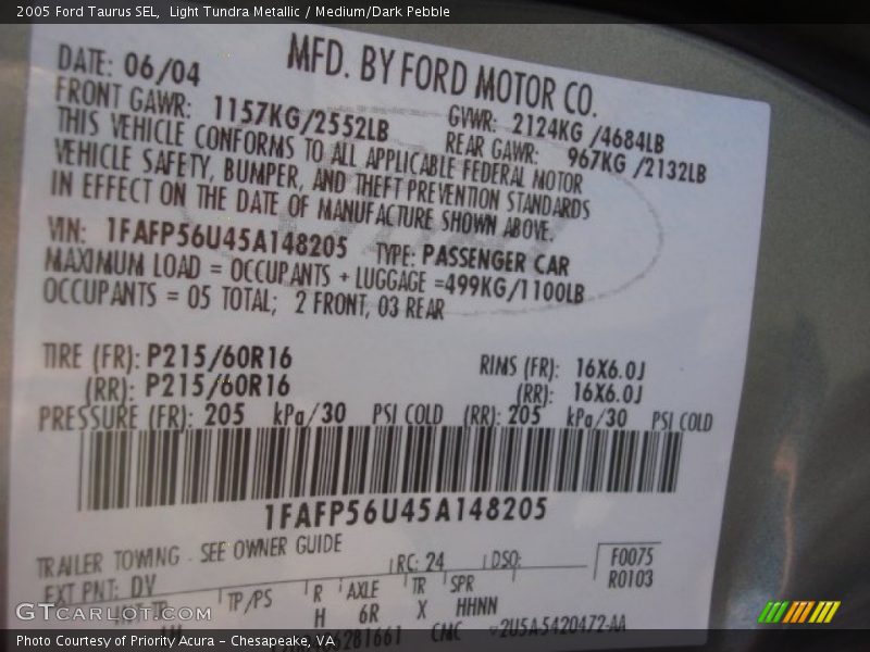 2005 Taurus SEL Light Tundra Metallic Color Code DV