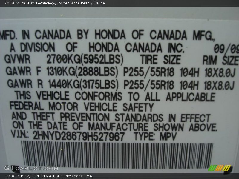 Aspen White Pearl / Taupe 2009 Acura MDX Technology