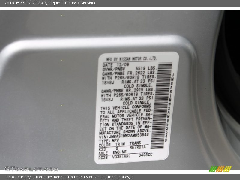 Liquid Platinum / Graphite 2010 Infiniti FX 35 AWD