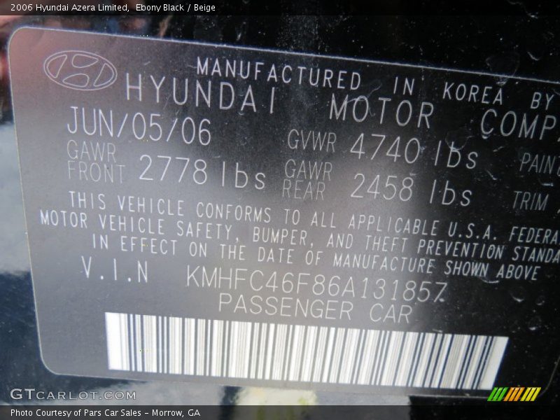 Ebony Black / Beige 2006 Hyundai Azera Limited