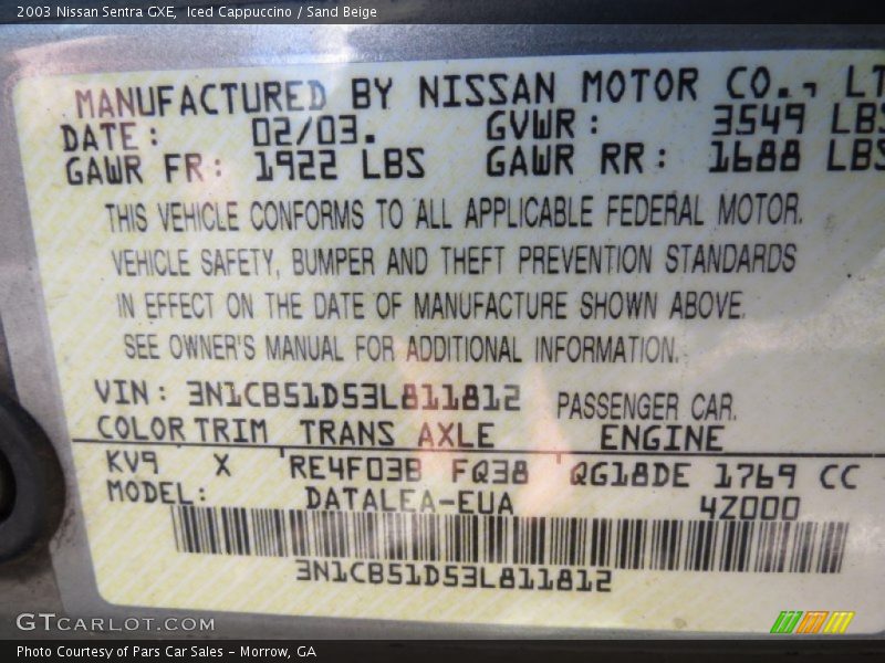 Iced Cappuccino / Sand Beige 2003 Nissan Sentra GXE