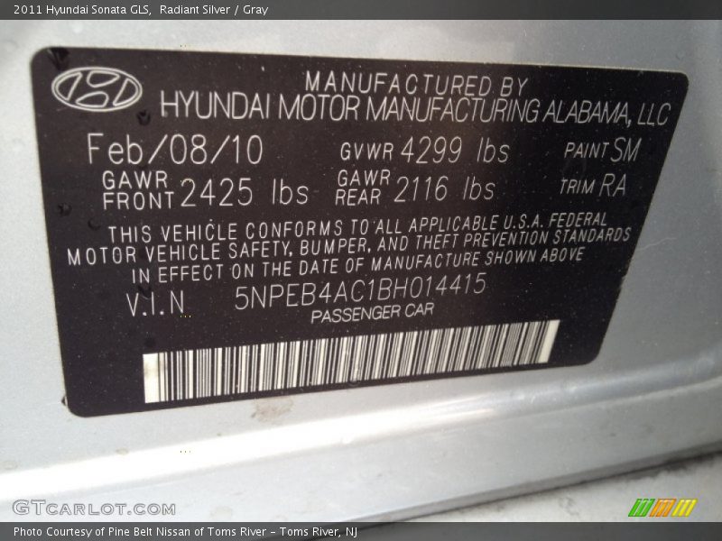 Radiant Silver / Gray 2011 Hyundai Sonata GLS