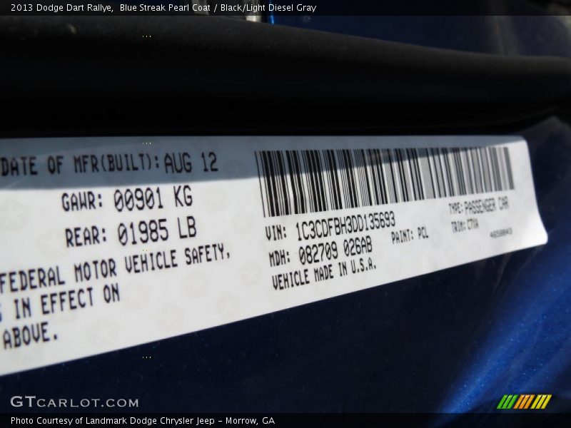 Blue Streak Pearl Coat / Black/Light Diesel Gray 2013 Dodge Dart Rallye