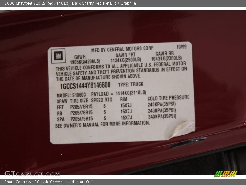 Dark Cherry Red Metallic / Graphite 2000 Chevrolet S10 LS Regular Cab