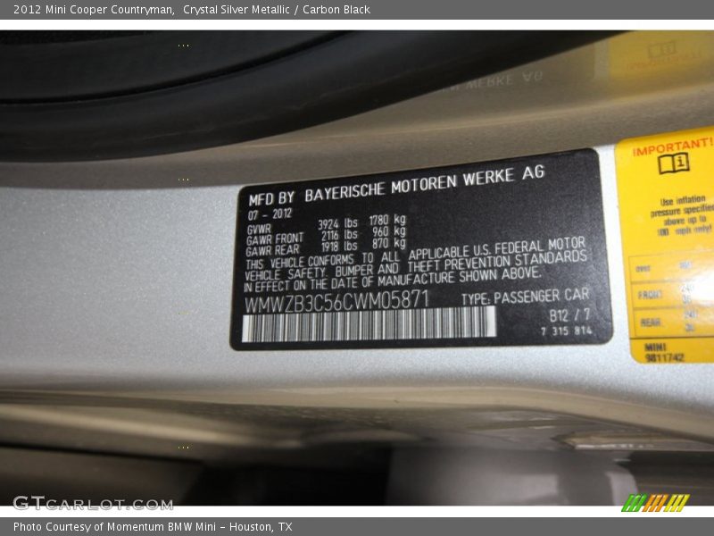 Crystal Silver Metallic / Carbon Black 2012 Mini Cooper Countryman