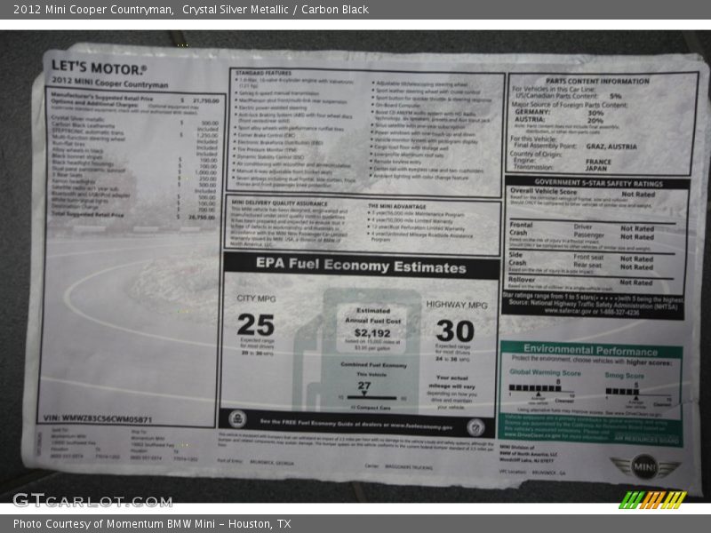 Crystal Silver Metallic / Carbon Black 2012 Mini Cooper Countryman