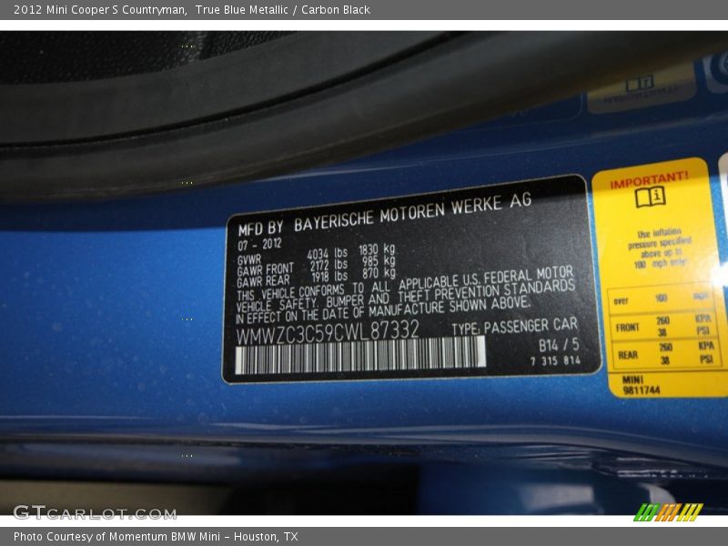 True Blue Metallic / Carbon Black 2012 Mini Cooper S Countryman