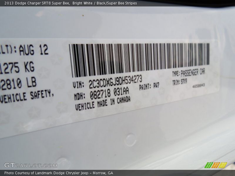 2013 Charger SRT8 Super Bee Bright White Color Code PW7