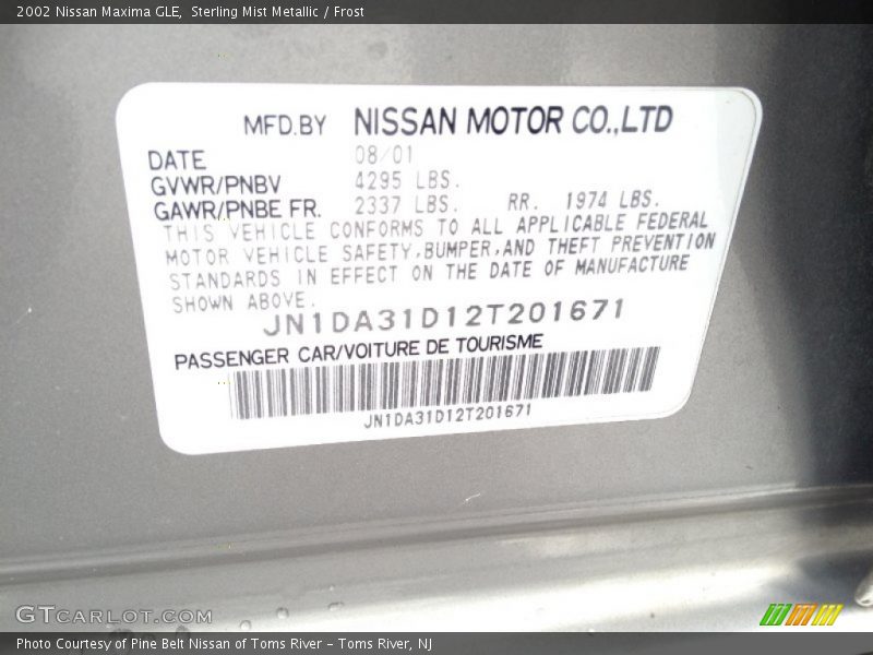 Sterling Mist Metallic / Frost 2002 Nissan Maxima GLE