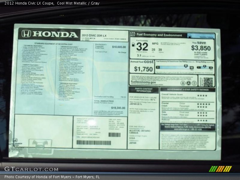 Cool Mist Metallic / Gray 2012 Honda Civic LX Coupe