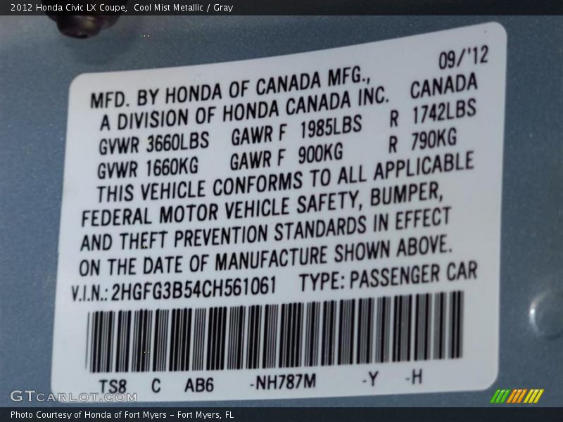 Cool Mist Metallic / Gray 2012 Honda Civic LX Coupe
