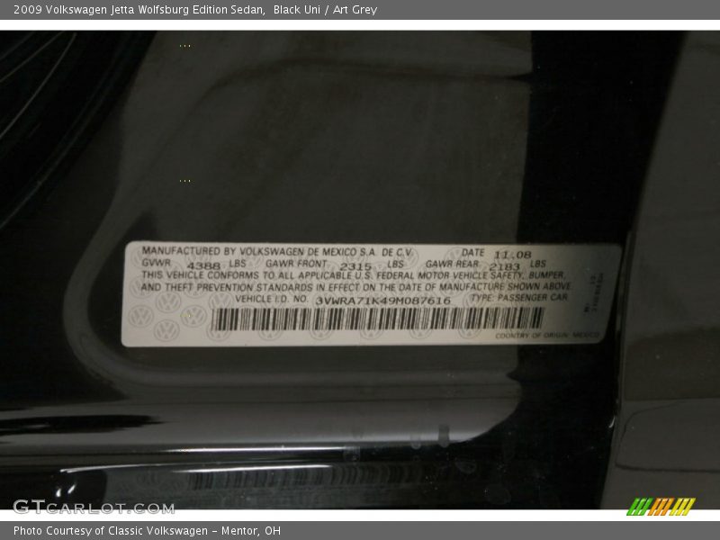 Black Uni / Art Grey 2009 Volkswagen Jetta Wolfsburg Edition Sedan