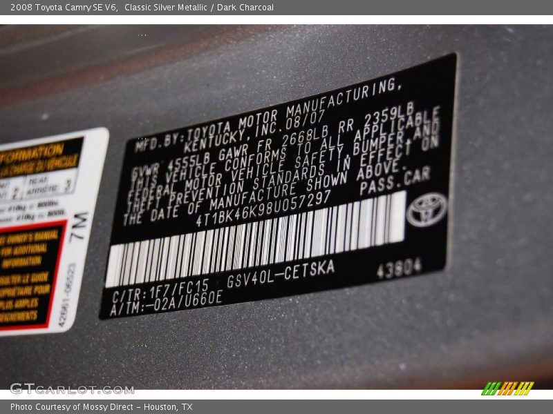 Classic Silver Metallic / Dark Charcoal 2008 Toyota Camry SE V6