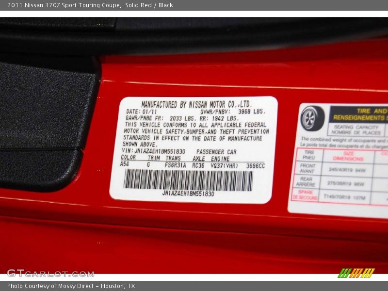 2011 370Z Sport Touring Coupe Solid Red Color Code A54