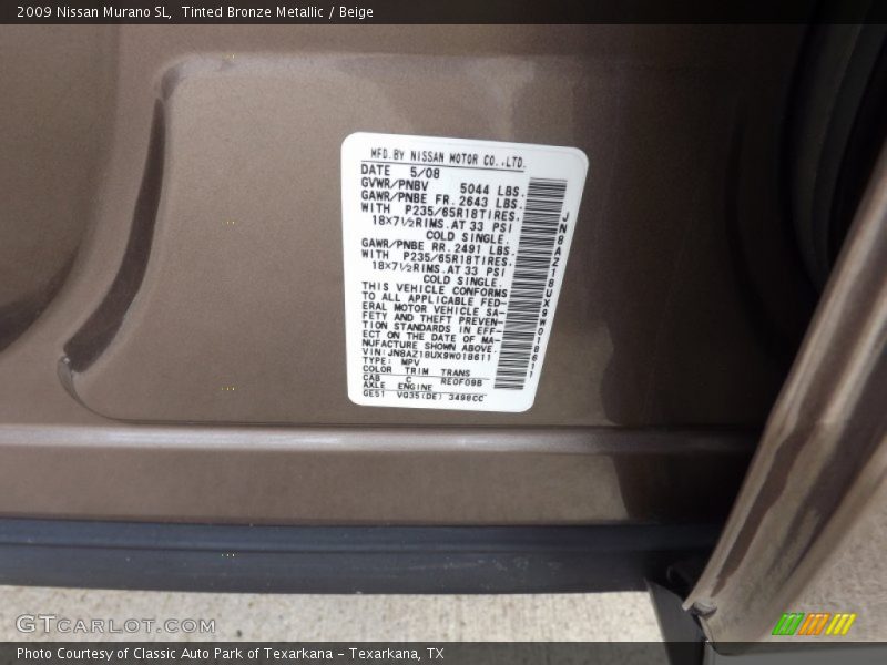 Tinted Bronze Metallic / Beige 2009 Nissan Murano SL