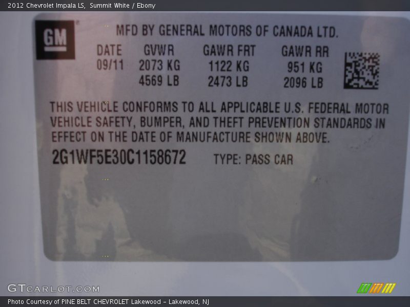 Summit White / Ebony 2012 Chevrolet Impala LS