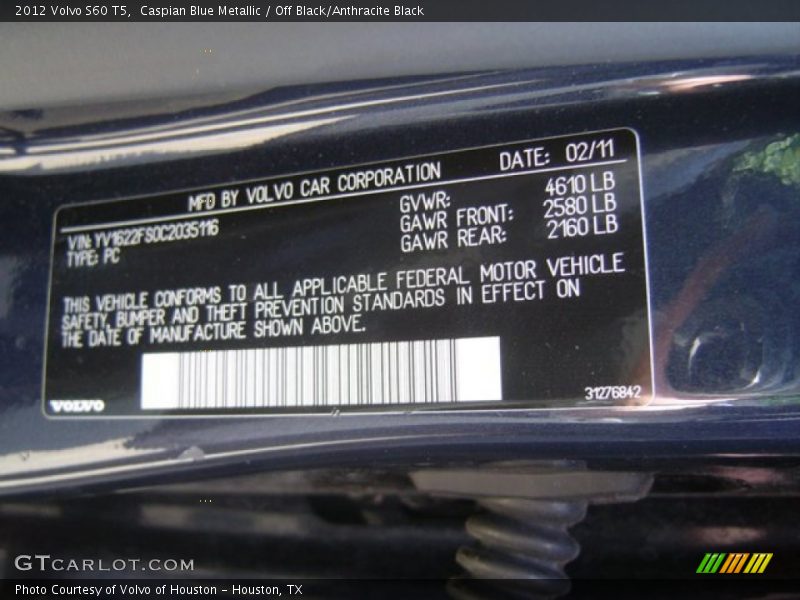 Caspian Blue Metallic / Off Black/Anthracite Black 2012 Volvo S60 T5