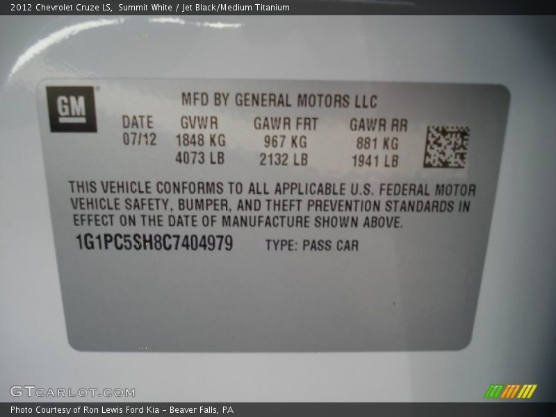 Summit White / Jet Black/Medium Titanium 2012 Chevrolet Cruze LS
