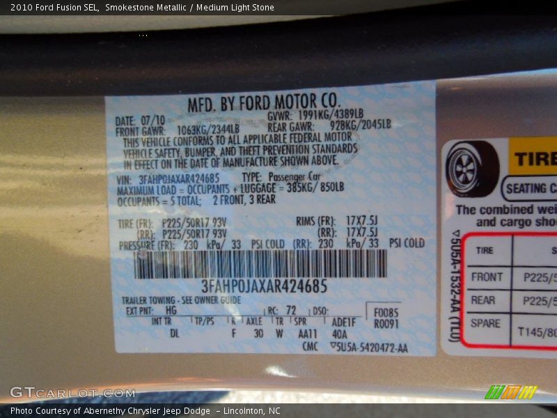 Smokestone Metallic / Medium Light Stone 2010 Ford Fusion SEL