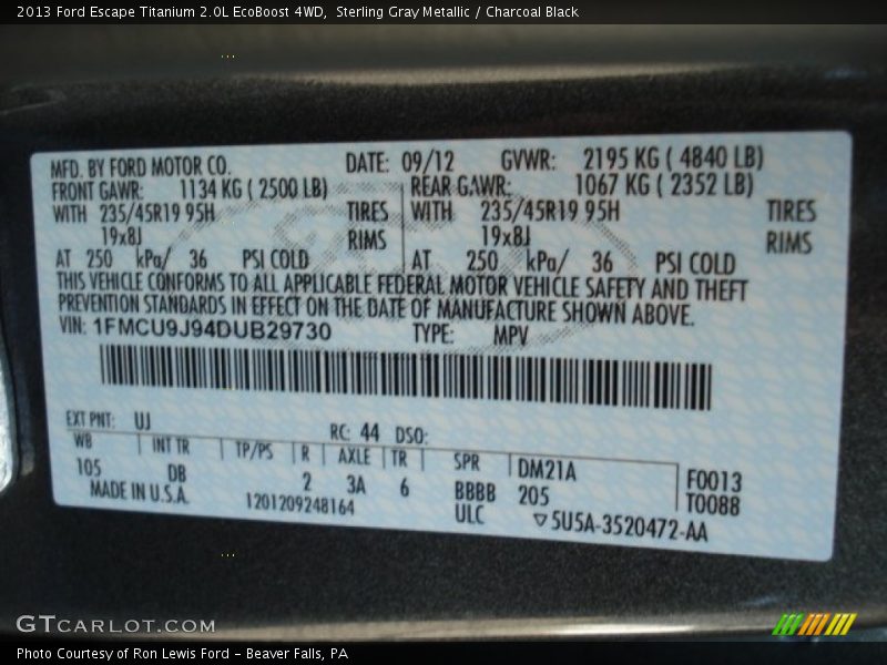Sterling Gray Metallic / Charcoal Black 2013 Ford Escape Titanium 2.0L EcoBoost 4WD