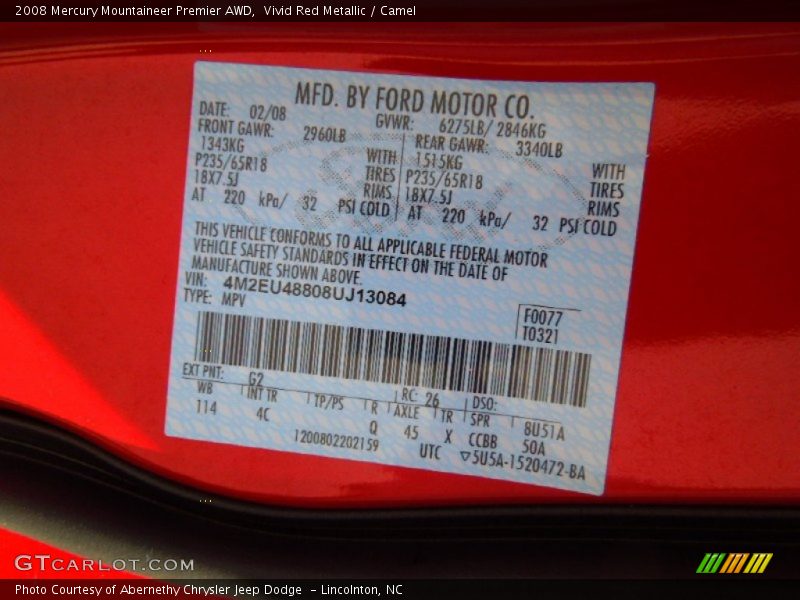Vivid Red Metallic / Camel 2008 Mercury Mountaineer Premier AWD