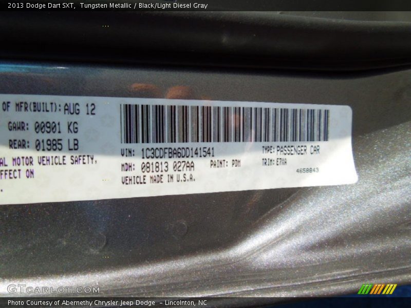 Tungsten Metallic / Black/Light Diesel Gray 2013 Dodge Dart SXT