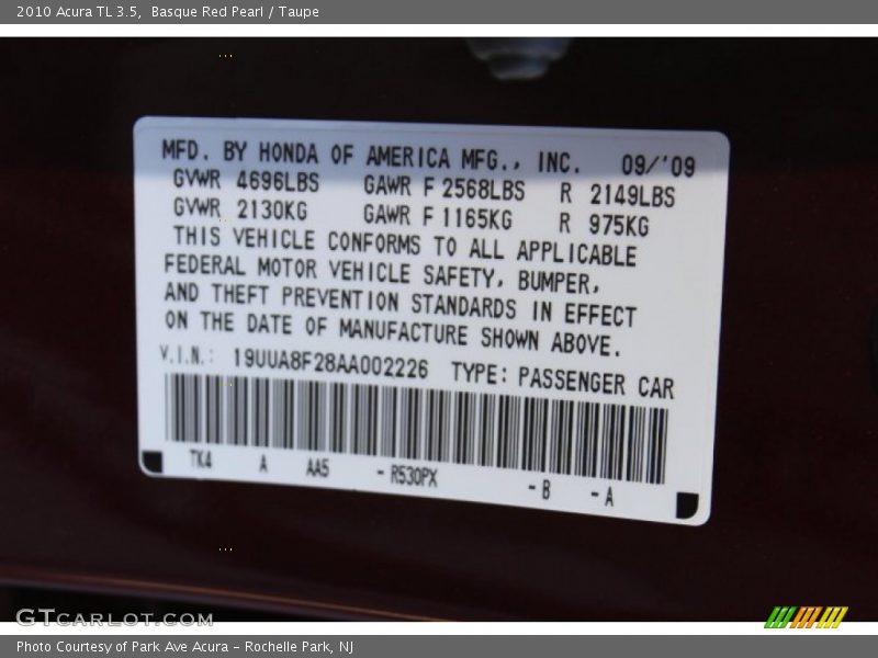 2010 TL 3.5 Basque Red Pearl Color Code R530PX