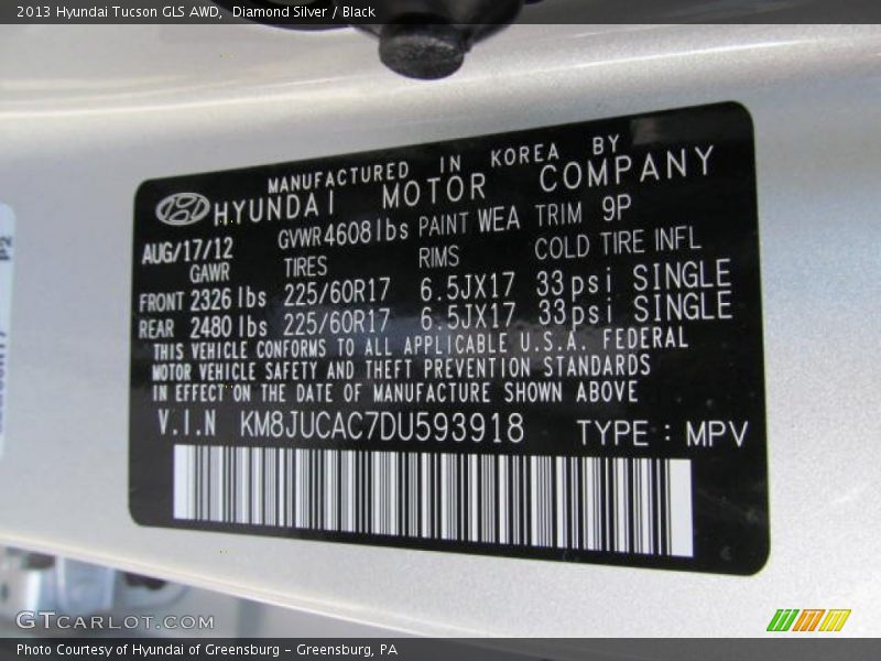 Diamond Silver / Black 2013 Hyundai Tucson GLS AWD