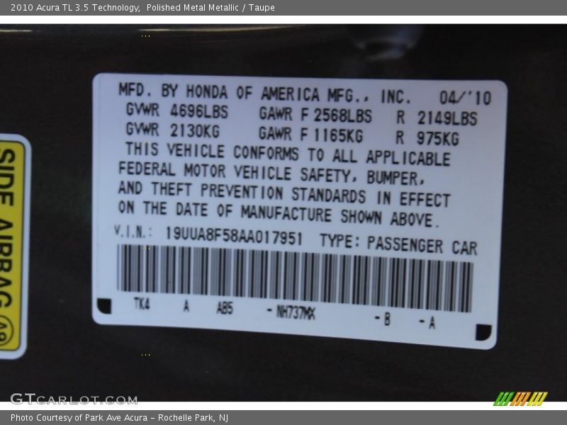 Polished Metal Metallic / Taupe 2010 Acura TL 3.5 Technology