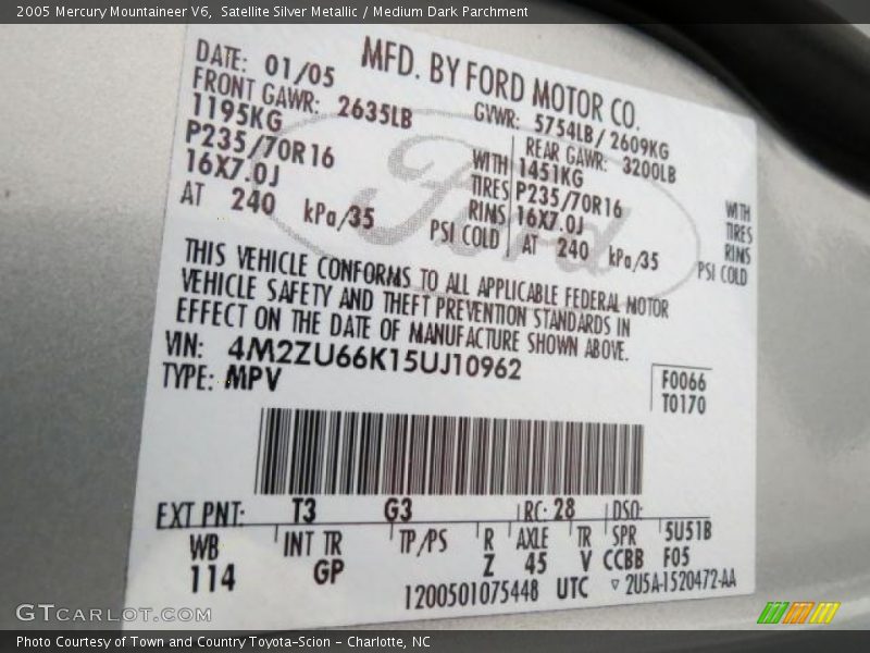 2005 Mountaineer V6 Satellite Silver Metallic Color Code T3