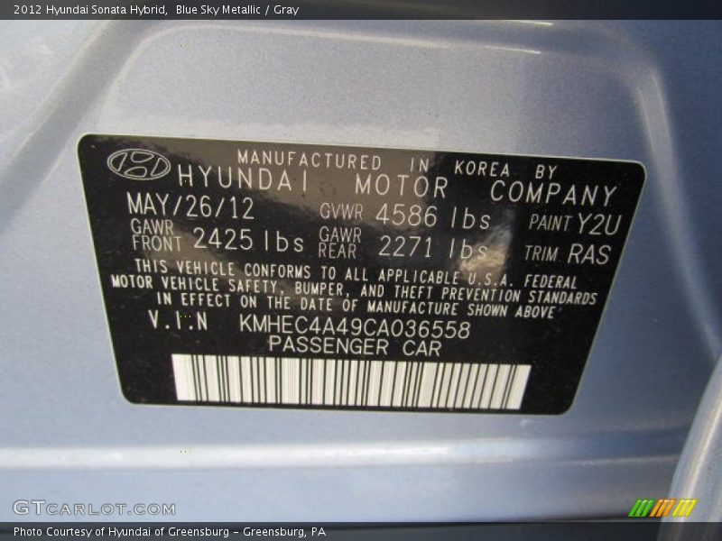 Blue Sky Metallic / Gray 2012 Hyundai Sonata Hybrid