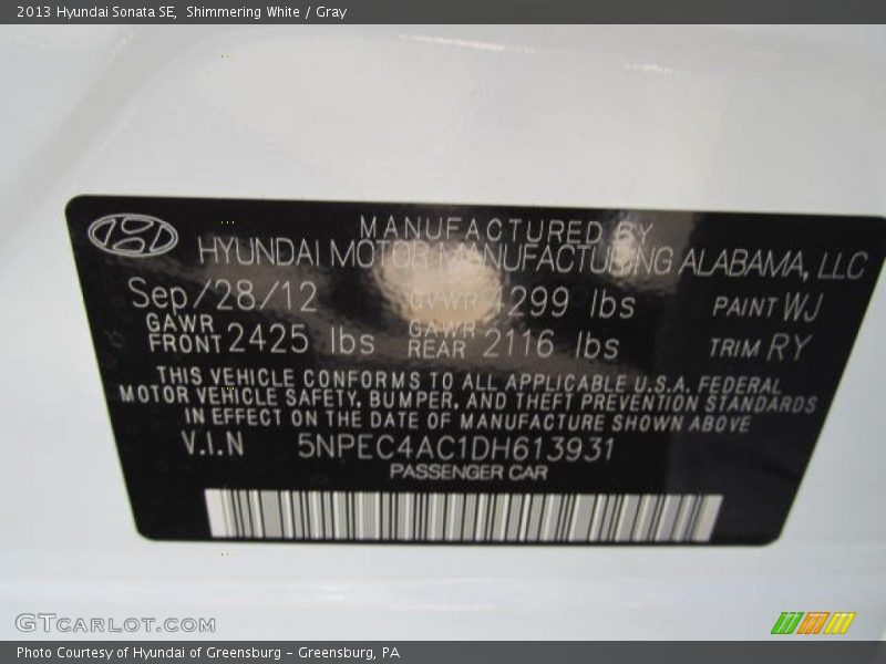 Shimmering White / Gray 2013 Hyundai Sonata SE
