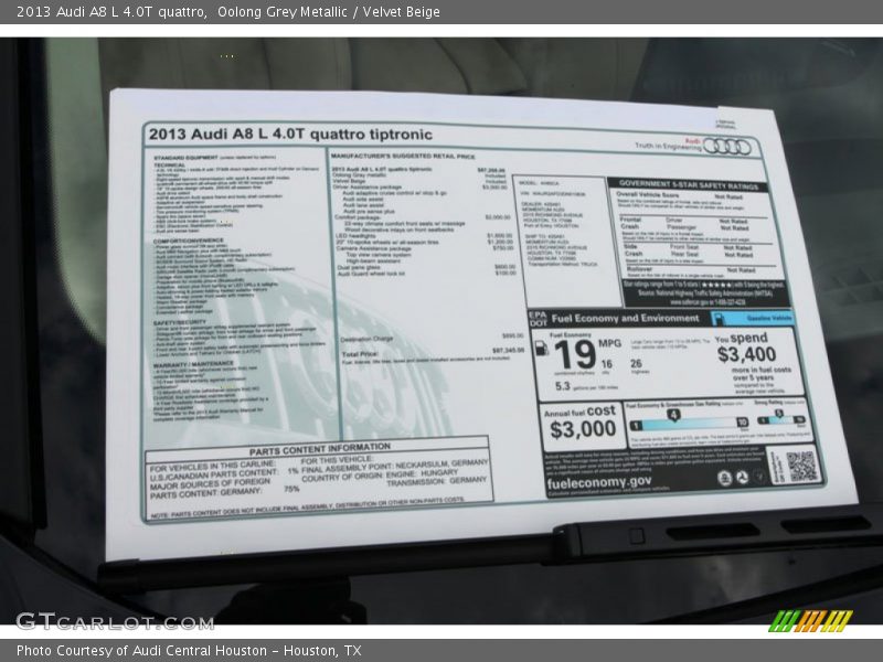  2013 A8 L 4.0T quattro Window Sticker