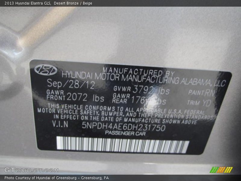Desert Bronze / Beige 2013 Hyundai Elantra GLS