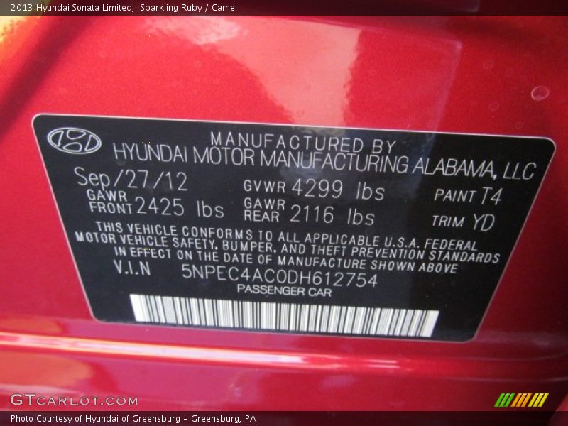 Sparkling Ruby / Camel 2013 Hyundai Sonata Limited