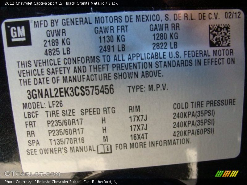 Black Granite Metallic / Black 2012 Chevrolet Captiva Sport LS